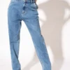Blue Double Belt Straight High Waist Jeans