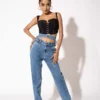 Blue Double Belt Straight High Waist Jeans