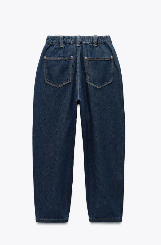 DARK BLUE MID-RISE TAPERED JEANS