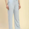 Blue Solid Cotton Linen Relaxed Fit Trouser