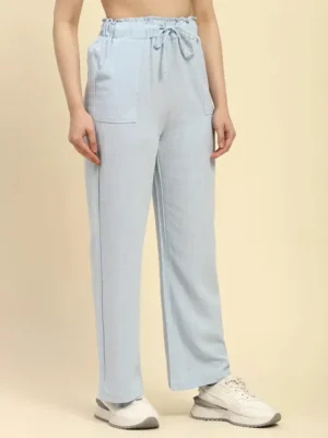 Blue Solid Cotton Linen Relaxed Fit Trouser