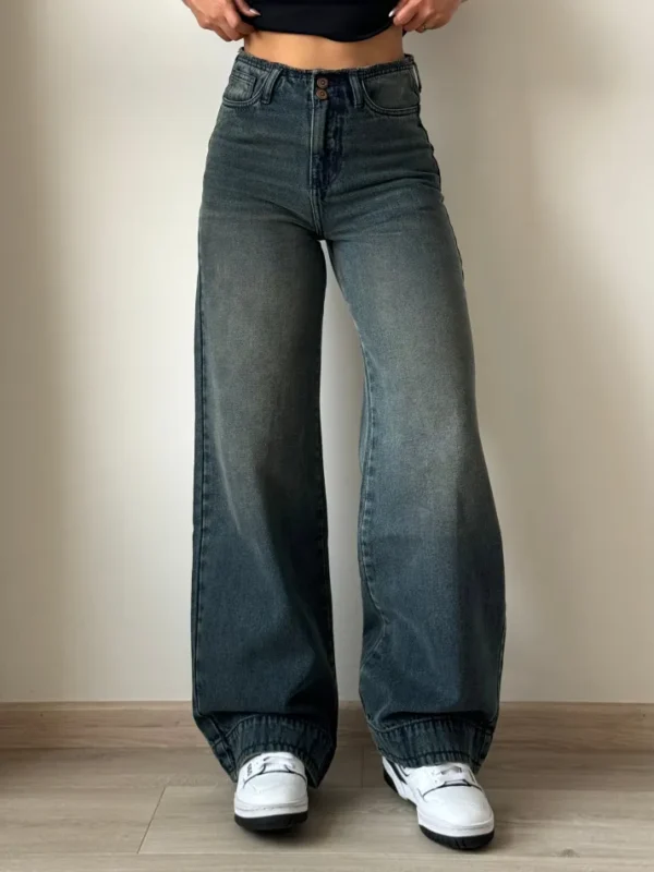 Grunge Edge Double Button High-Waisted Denim