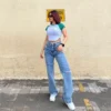 Blue Basic Ripped Straight Leg High Rise Jeans