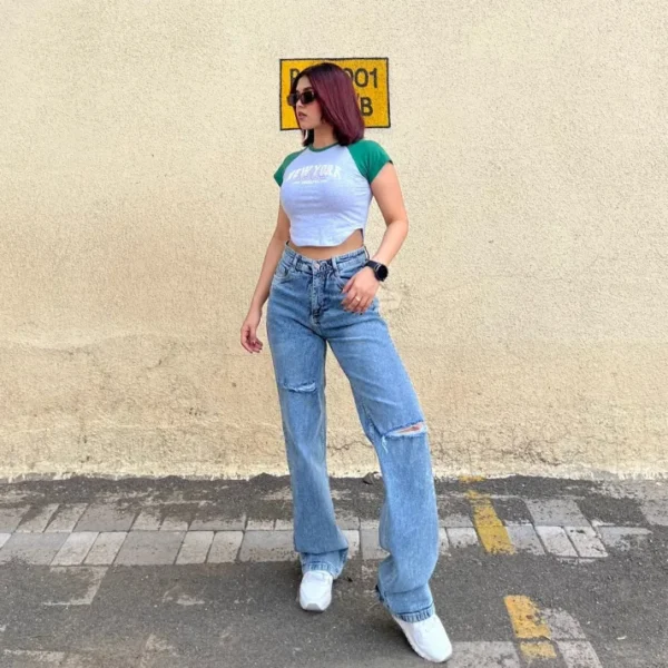 Blue Basic Ripped Straight Leg High Rise Jeans