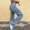 Blue Basic Ripped Straight Leg High Rise Jeans