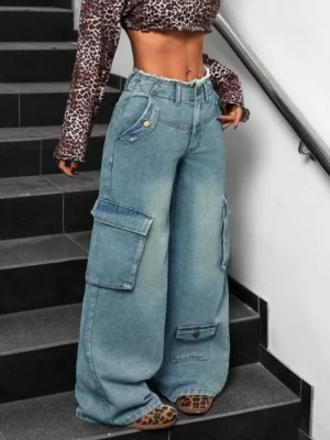 Lunar Grey Raw Waist Baggy Wide Leg Cargo Jeans