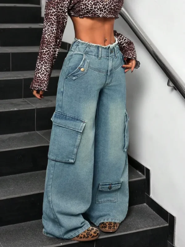 Lunar Grey Raw Waist Baggy Wide Leg Cargo Jeans