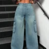 Lunar Grey Raw Waist Baggy Wide Leg Cargo Jeans