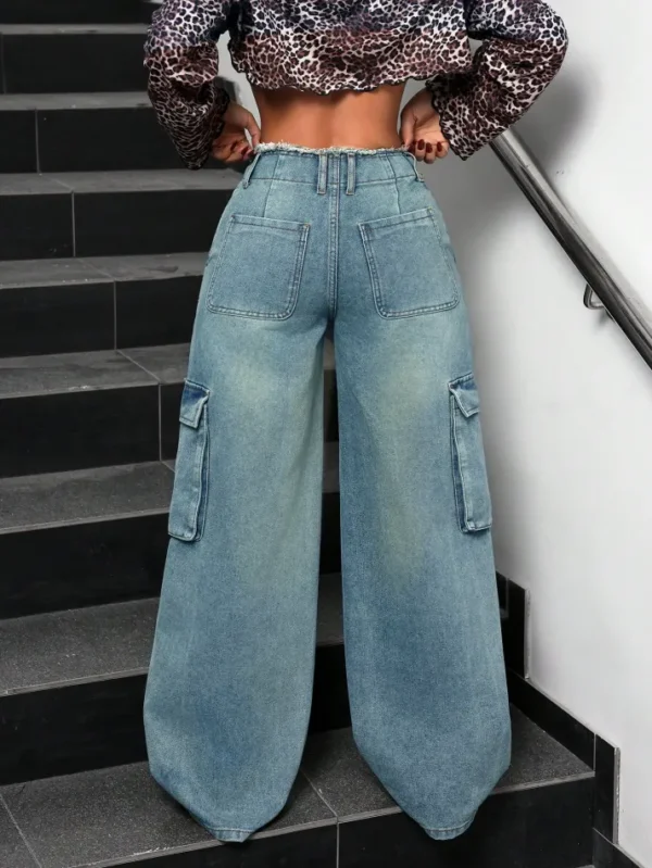 Lunar Grey Raw Waist Baggy Wide Leg Cargo Jeans