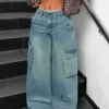Lunar Grey Raw Waist Baggy Wide Leg Cargo Jeans