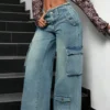 Lunar Grey Raw Waist Baggy Wide Leg Cargo Jeans