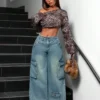 Lunar Grey Raw Waist Baggy Wide Leg Cargo Jeans