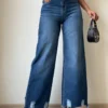 Blue Destroyed Hem Fade Wide Leg Cropped Jeans
