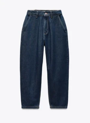 DARK BLUE MID-RISE TAPERED JEANS