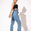 Blue Double Belt Straight High Waist Jeans