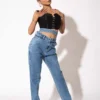 Blue Double Belt Straight High Waist Jeans