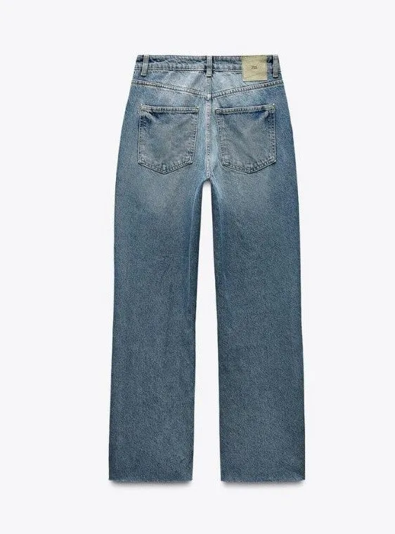 DARK BLUE STRAIGHT-LEG HIGH-WAIST JEANS