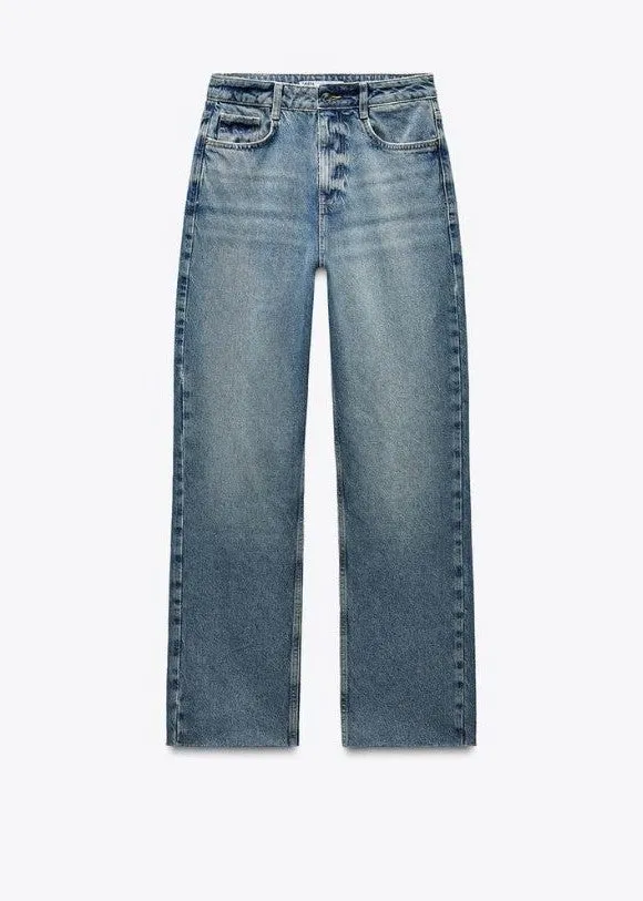 DARK BLUE STRAIGHT-LEG HIGH-WAIST JEANS